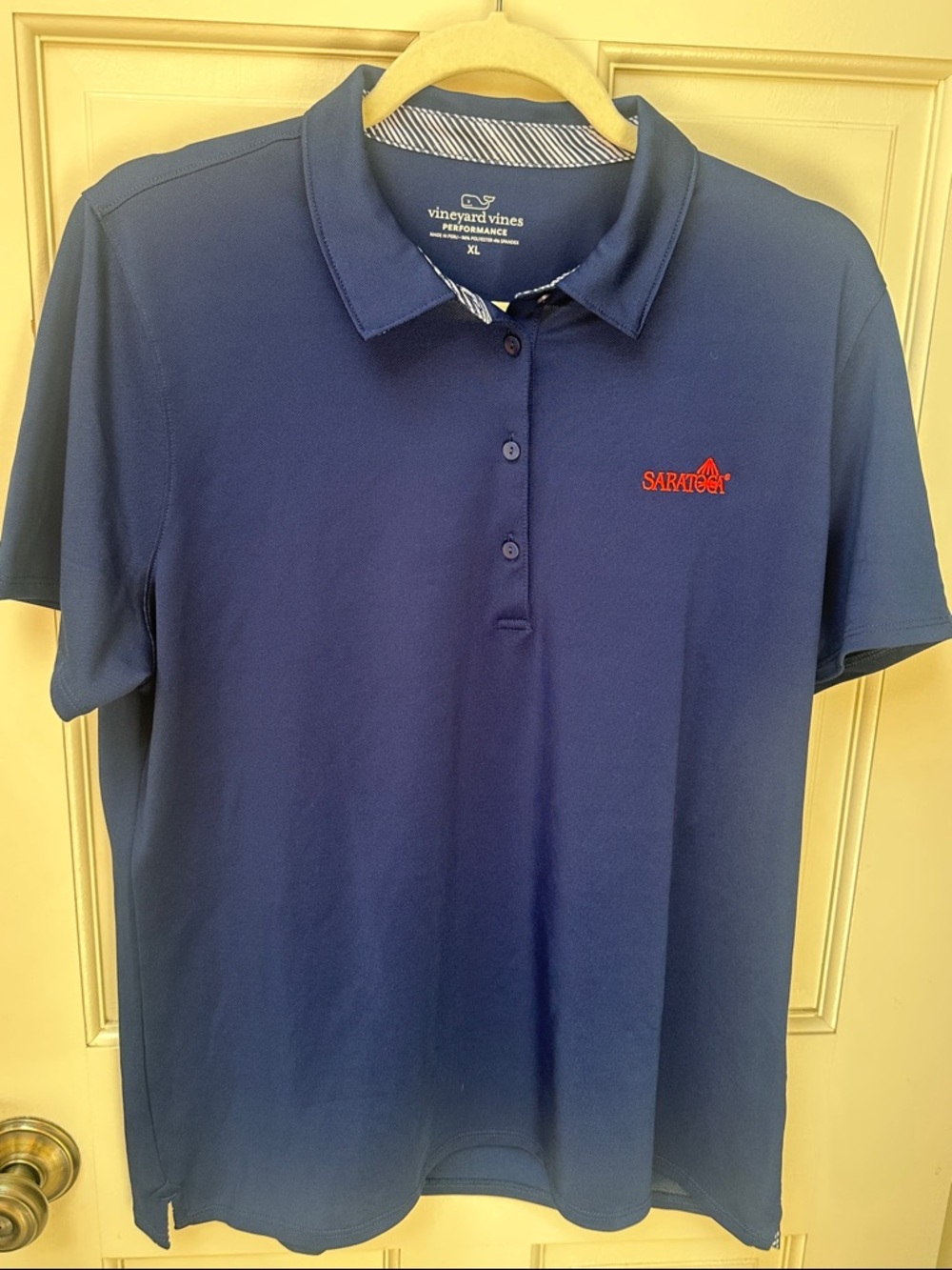 Vineyard Vines Navy Polo with Red Saratoga Logo